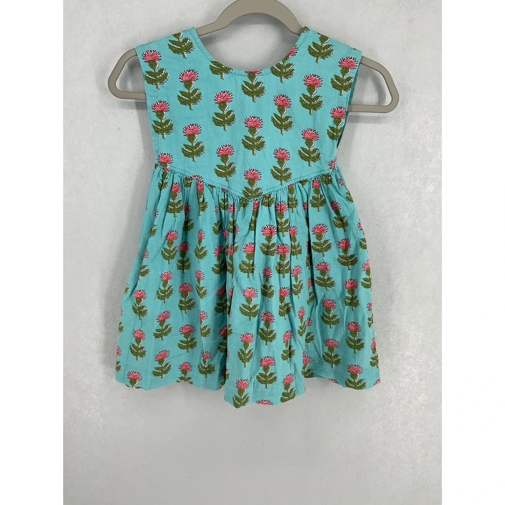 Pink Chicken Girls Dress Blue Floral Block Print Back Bow Size 6Y